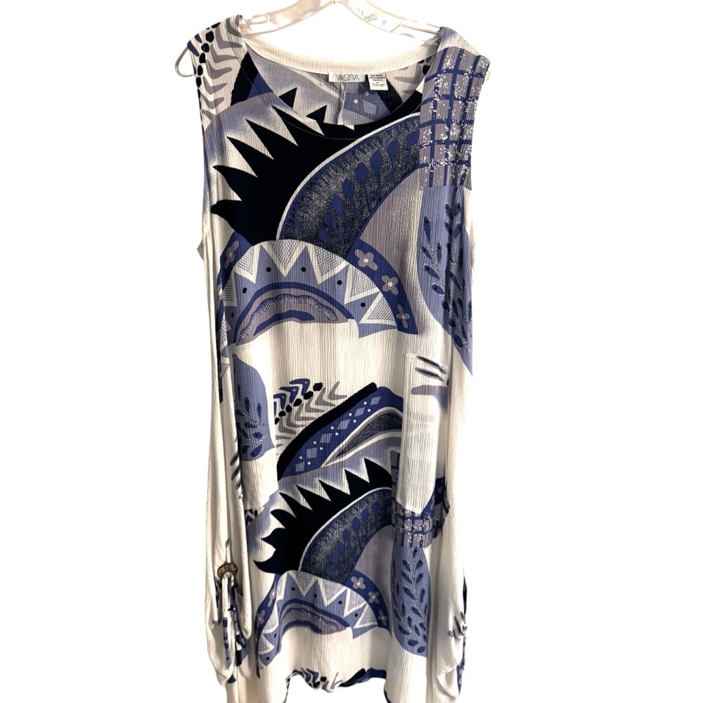 VASNA Rayon Dress Lagenlook Sleeveless Lightweight White Blue Modernist
